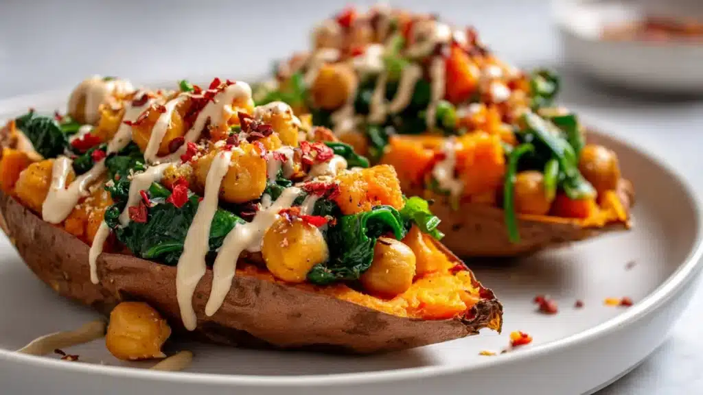 Stuffed Sweet Potatoes with Spinach, Crispy Chickpeas and Tahini