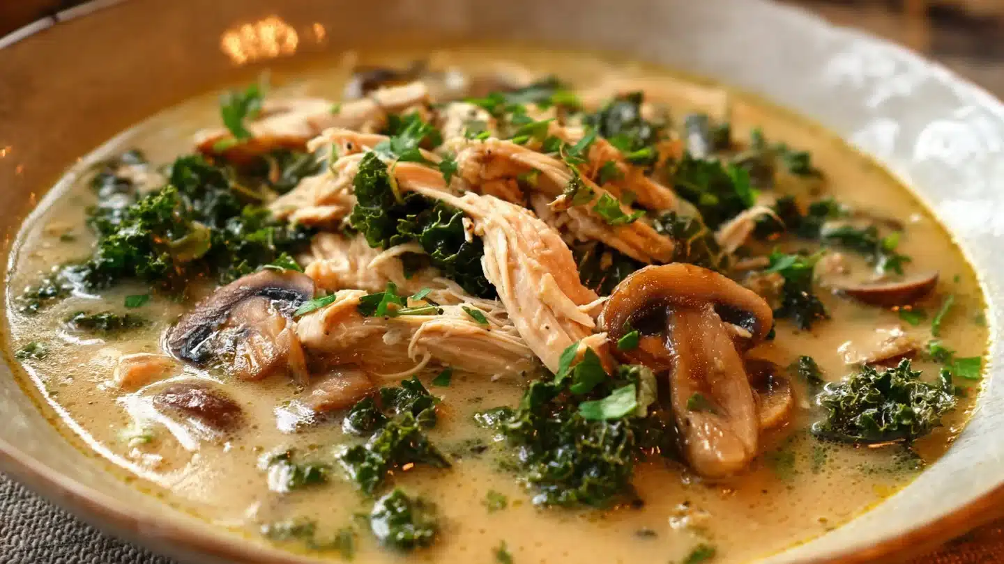 This rotisserie chicken and mushroom chicken soup is my fall favorite!