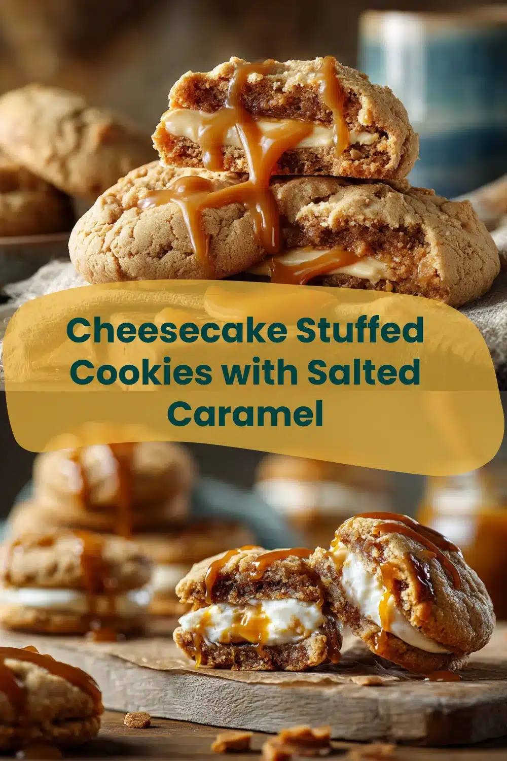 Cheesecake Stuffed Cookies with Salted Caramel